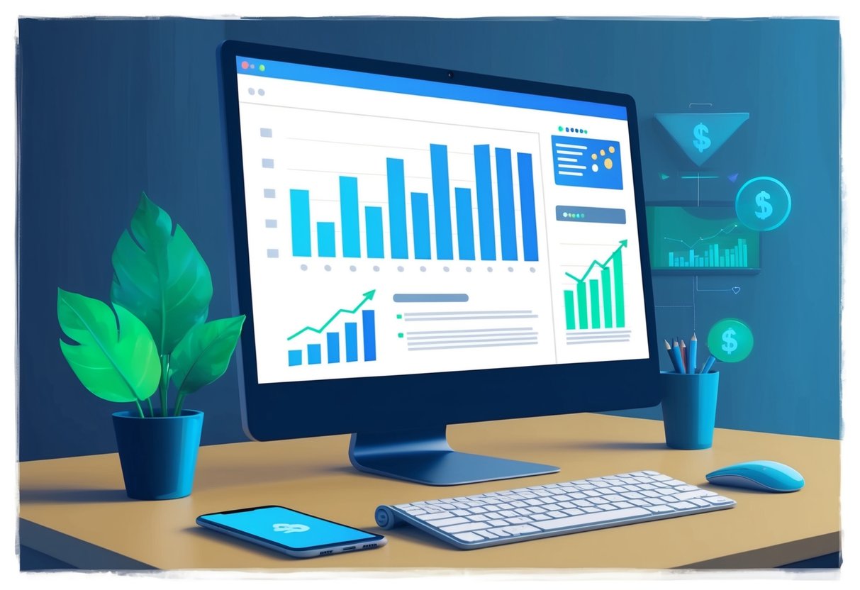 A computer screen showing a blog with targeted keywords, and a graph showing increased income