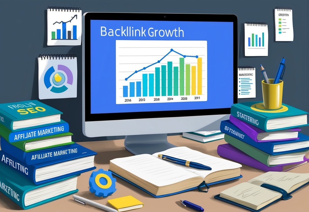 A computer screen displaying a graph of backlink growth, surrounded by books on SEO and affiliate marketing, with a pen and notepad for strategizing