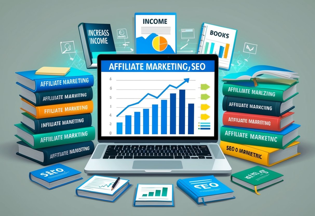 A laptop surrounded by books on affiliate marketing and SEO, with a graph showing increasing income