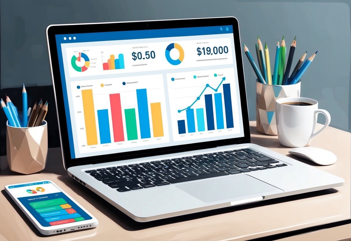 A laptop displaying SEO analytics tools and blog affiliate income charts