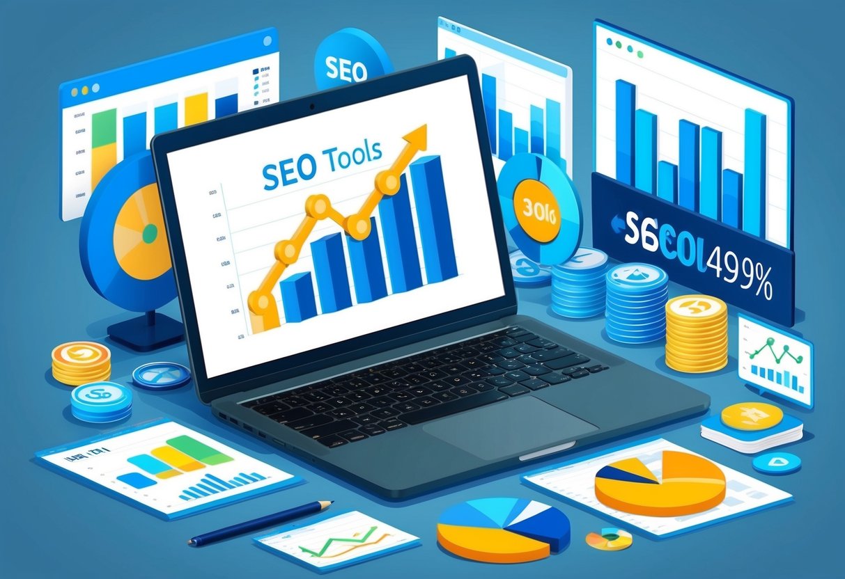 A laptop surrounded by charts, graphs, and SEO tools, with a blog and affiliate income increasing in the background