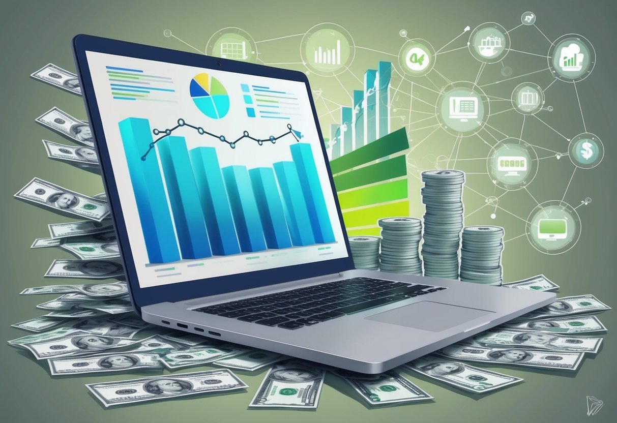 A laptop surrounded by charts and graphs, with a stack of money growing larger on one side and a network of interconnected websites on the other