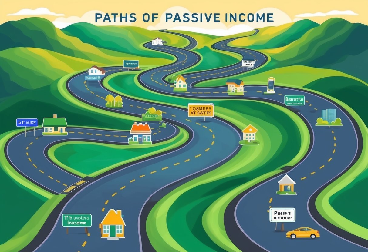 A winding road with multiple paths branching off, each leading to different sources of passive income - real estate, stocks, royalties, and more