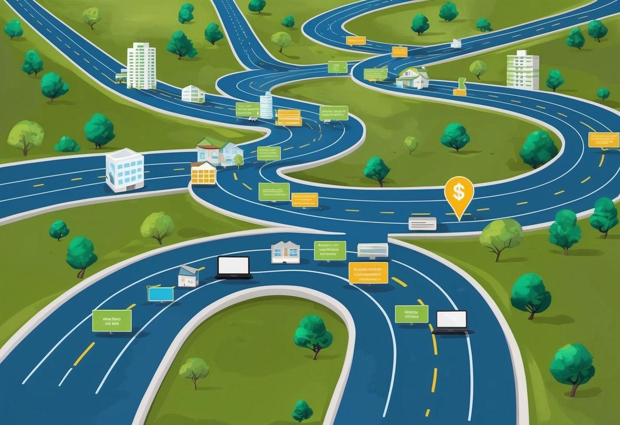 A winding road with multiple paths branching off, leading to various sources of passive income: real estate, stocks, online businesses, and more