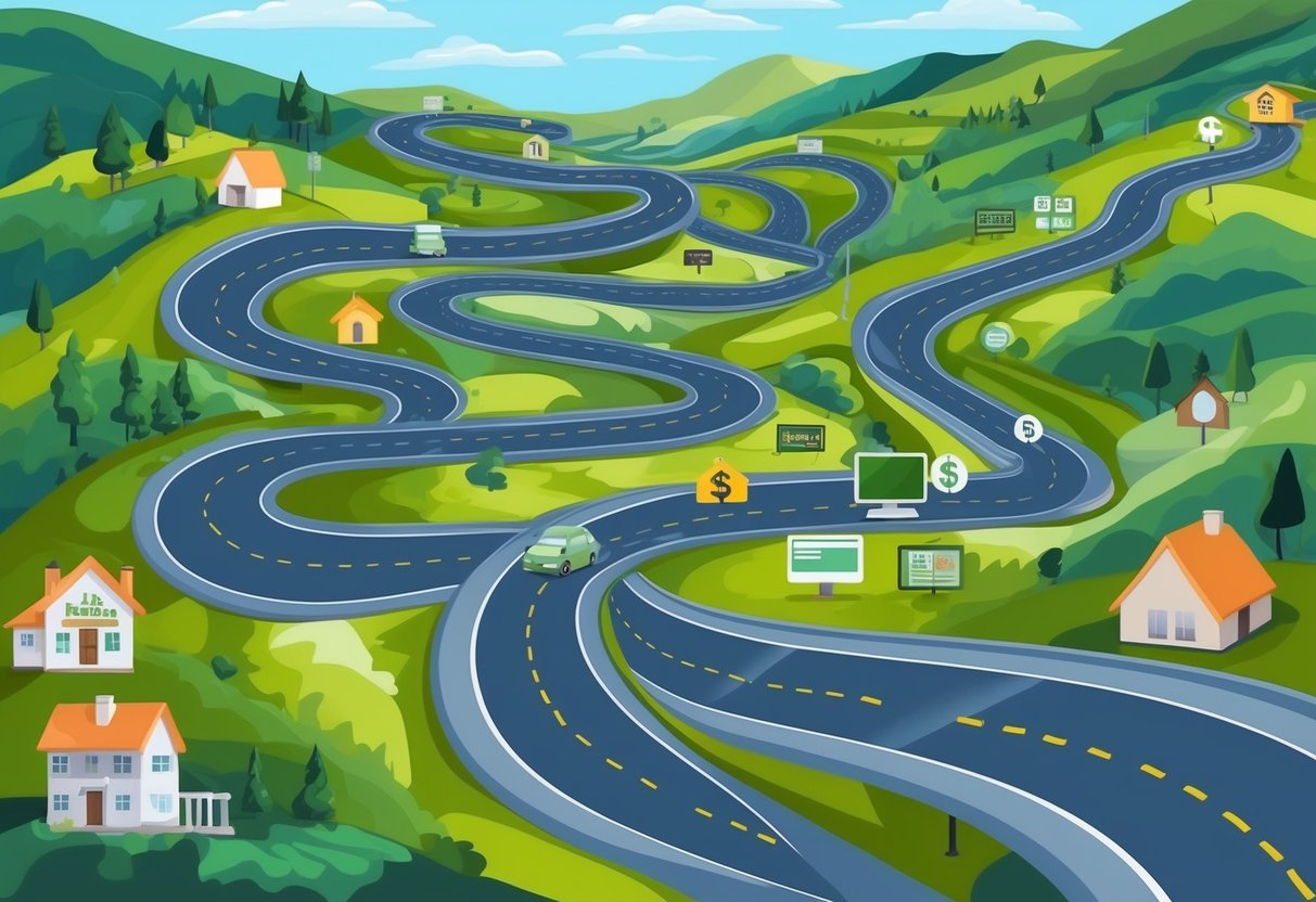 A winding road with multiple paths branching off, each leading to different sources of income: real estate, stocks, online businesses, and more