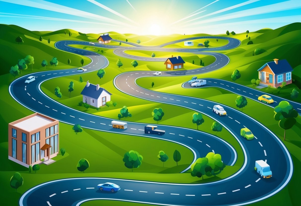 A winding road with multiple paths leading to various sources of income, such as stocks, real estate, and businesses, all leading towards a bright horizon