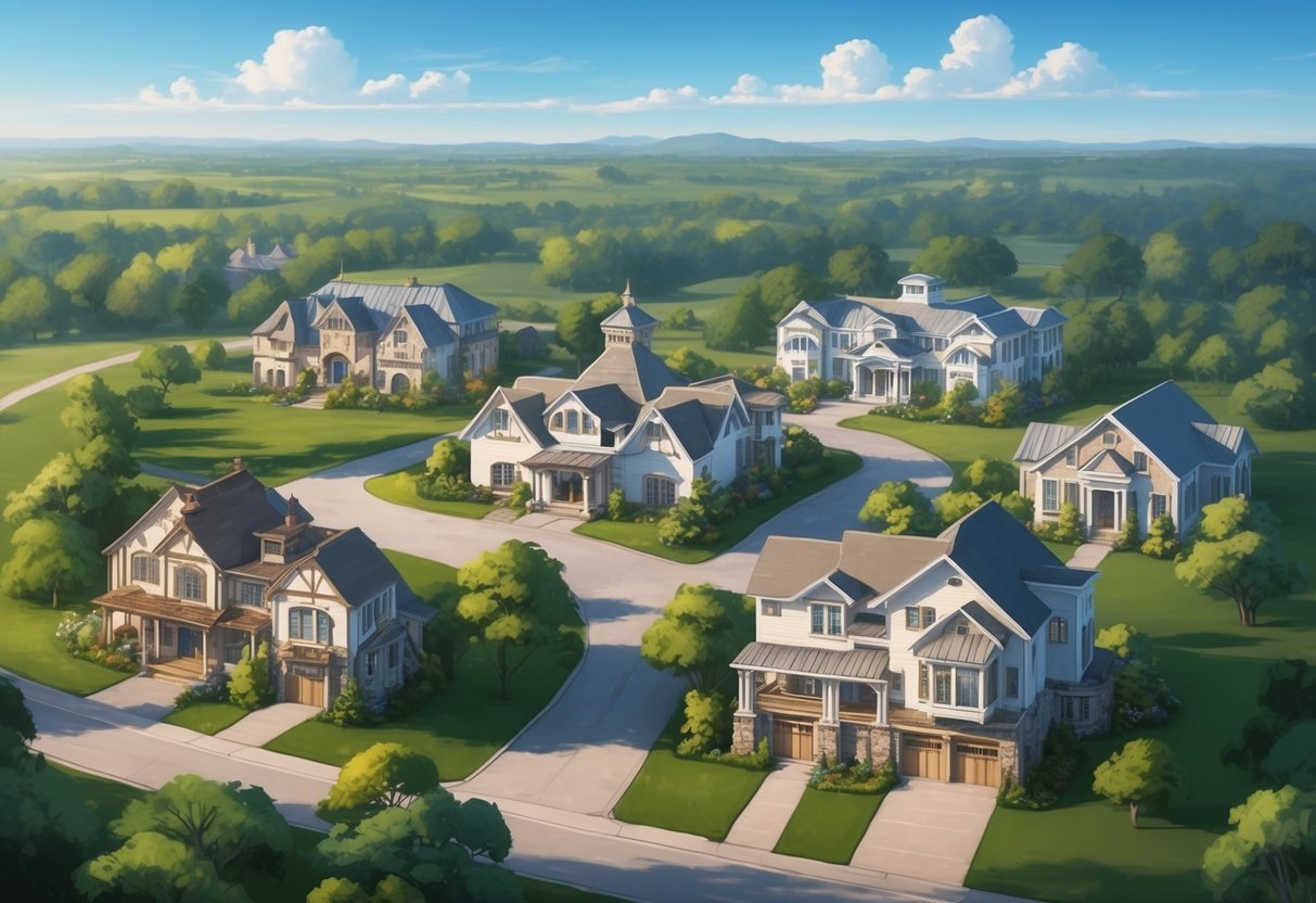 A landscape with multiple properties, each with unique architectural styles, surrounded by lush greenery and a clear blue sky