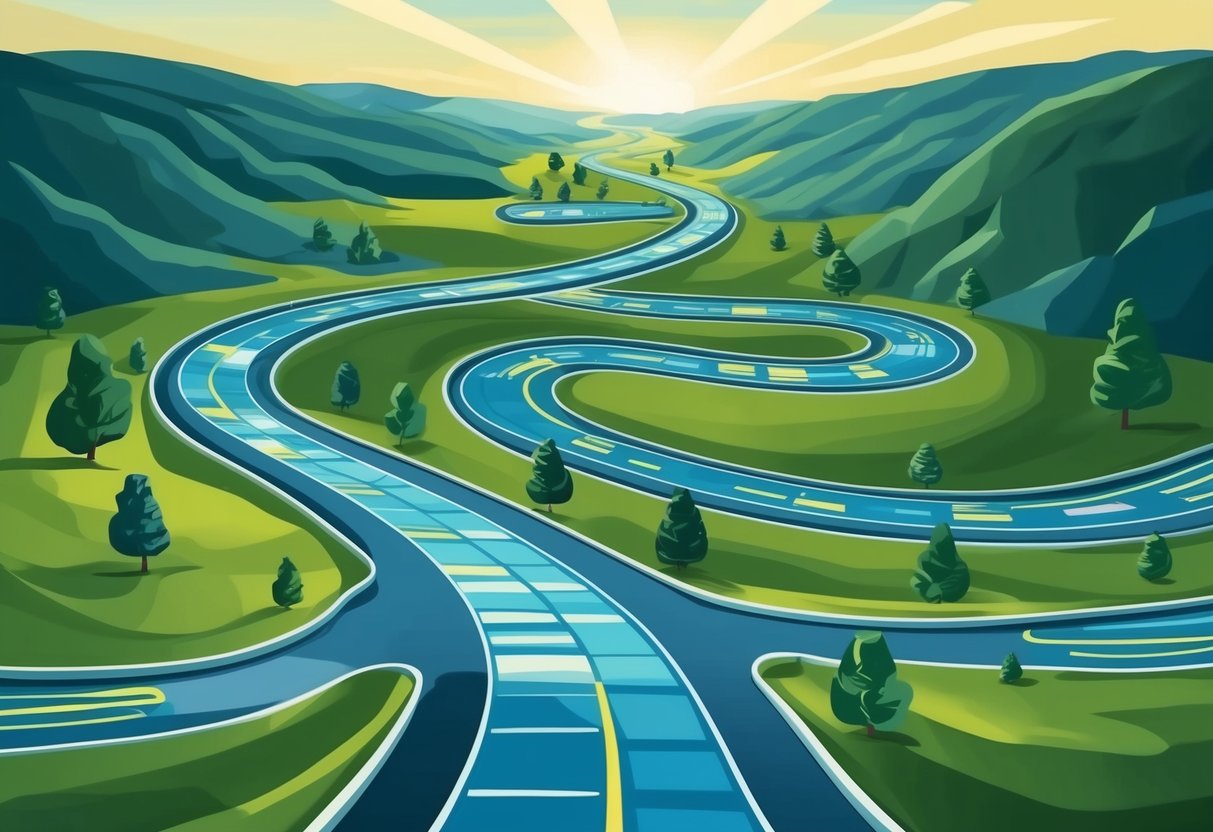 A winding road with multiple streams flowing into a river, representing various passive income sources scaling simultaneously