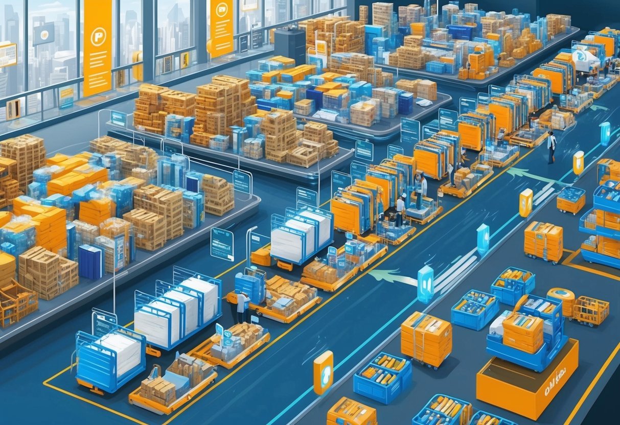A bustling online marketplace with products moving seamlessly from suppliers to customers, powered by automated systems