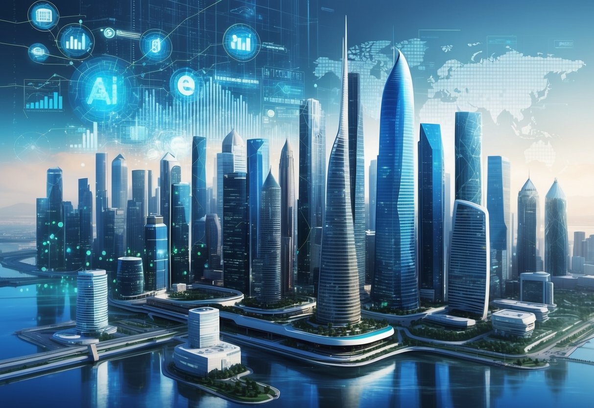 A futuristic city skyline with AI algorithms and data patterns merging with financial charts and graphs