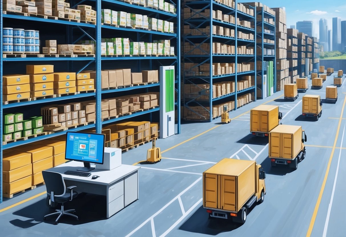 A warehouse filled with shelves of products, a computer workstation with automation software, and a network of delivery trucks outside