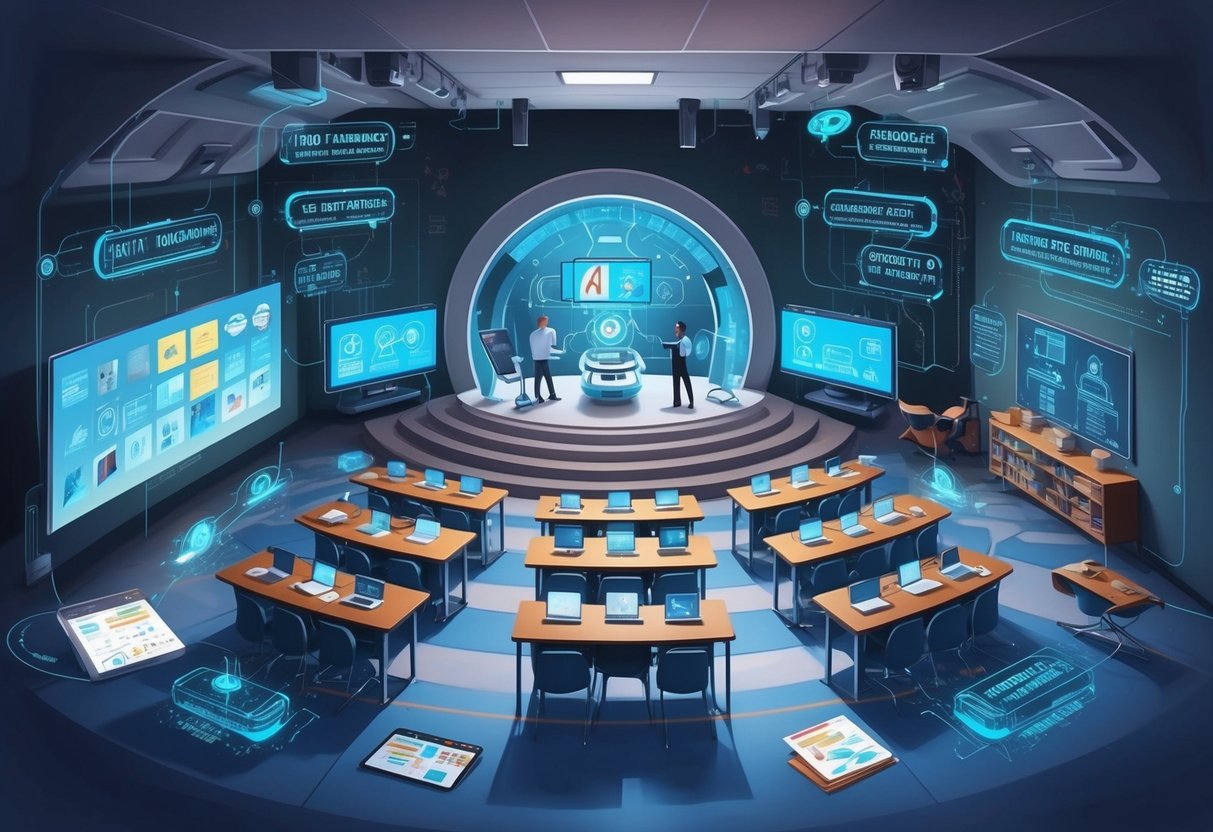 A futuristic classroom with AI-powered teaching tools and digital devices, surrounded by virtual learning resources and income-generating strategies