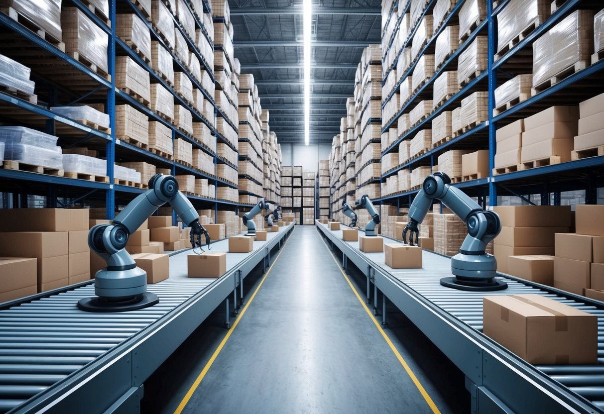 A warehouse filled with shelves of products, with conveyor belts and robotic arms moving items for packaging and shipping