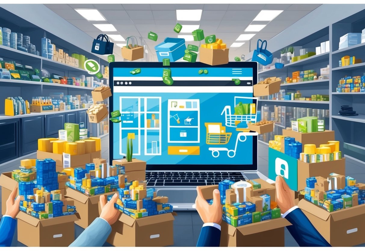 A bustling online store with products being seamlessly transferred from suppliers to customers, resulting in joyful and satisfied buyers