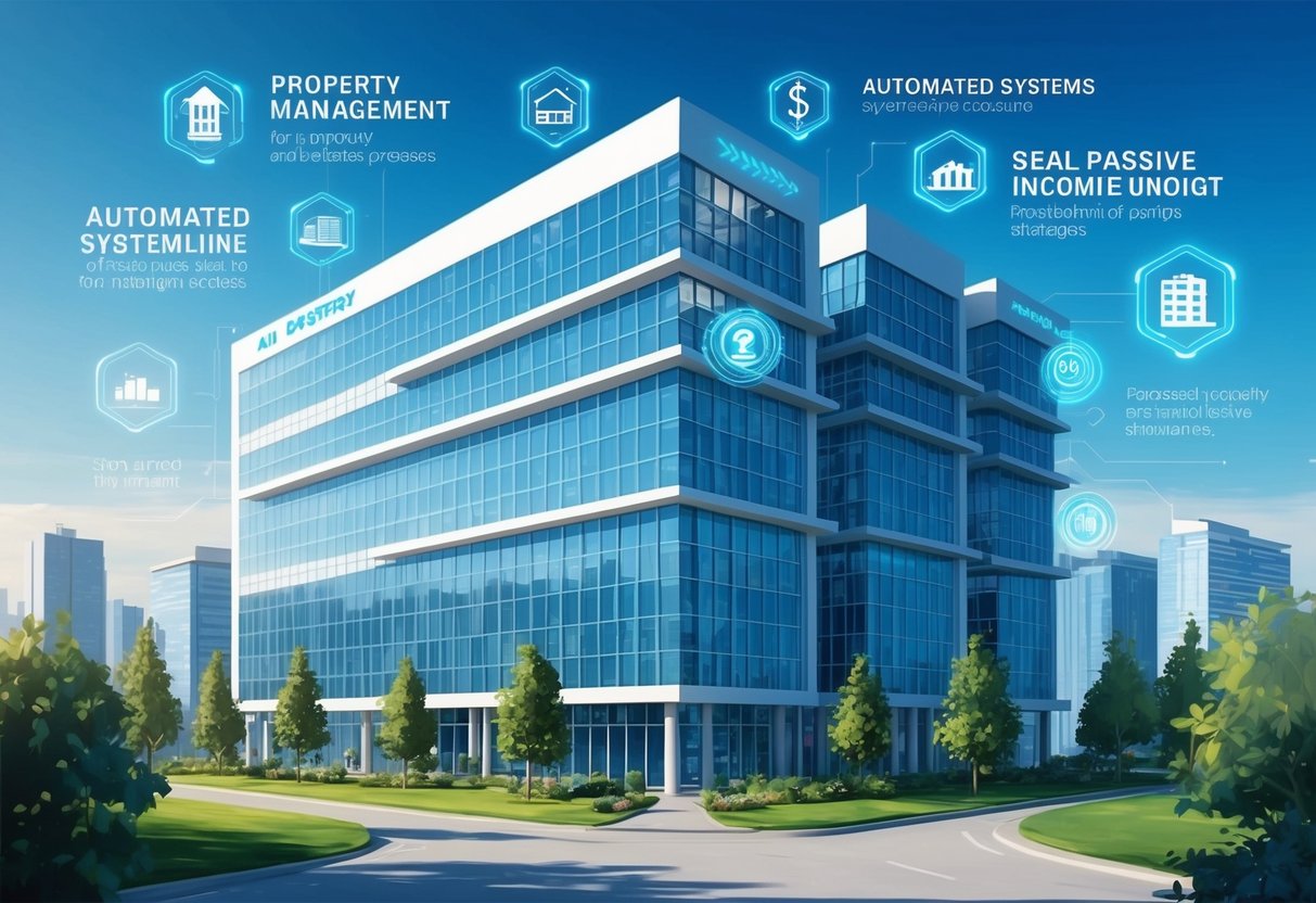 A modern office building with AI technology integrated into property management and real estate processes. Automated systems streamline passive income strategies