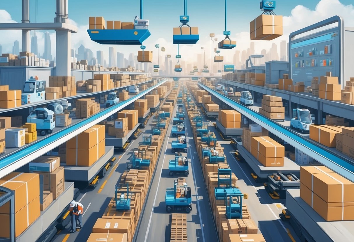 A bustling online marketplace with products being seamlessly shipped and distributed, while automated systems efficiently handle orders and customer interactions