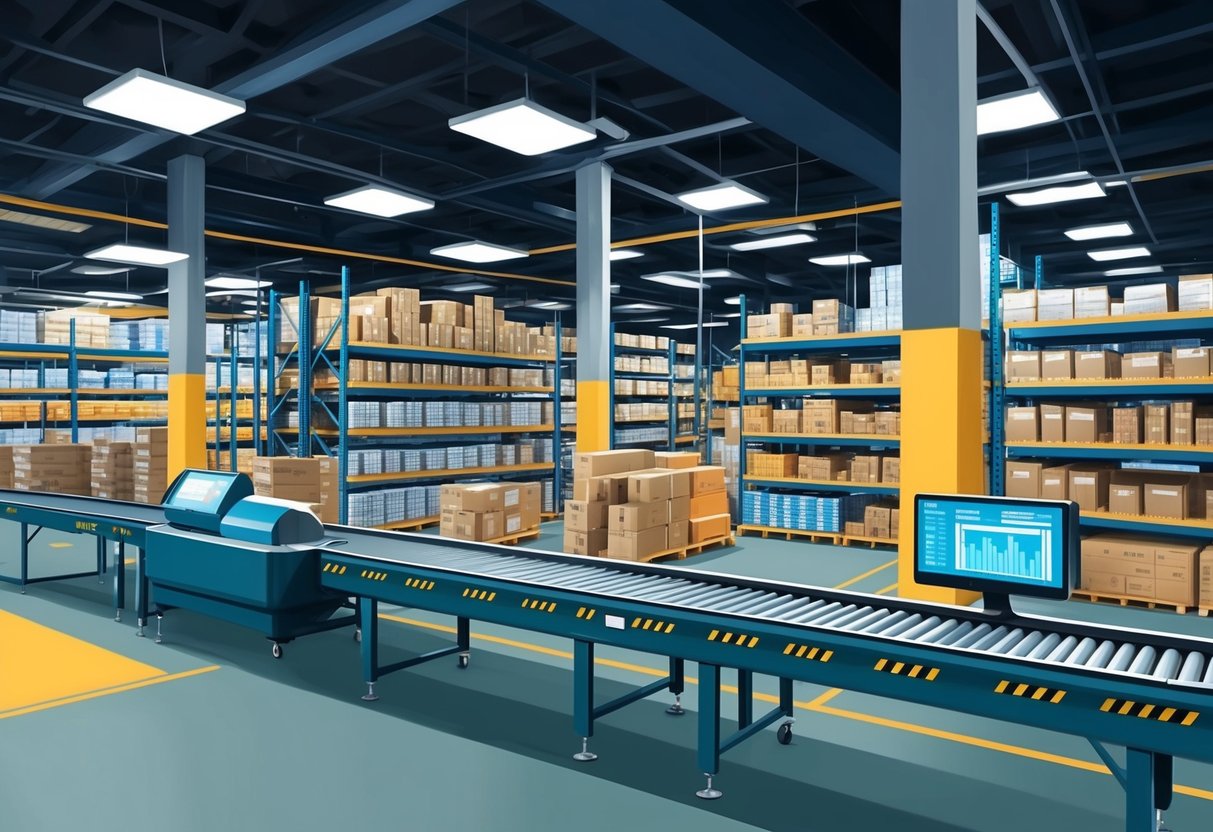 A busy warehouse with shelves of products, automated conveyor belts, and a computerized tracking system for eCommerce revenue