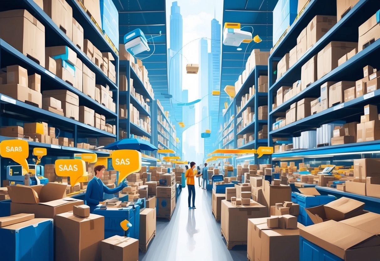 A bustling digital marketplace with automated order processing and shipping, powered by SaaS technology, driving exponential revenue growth