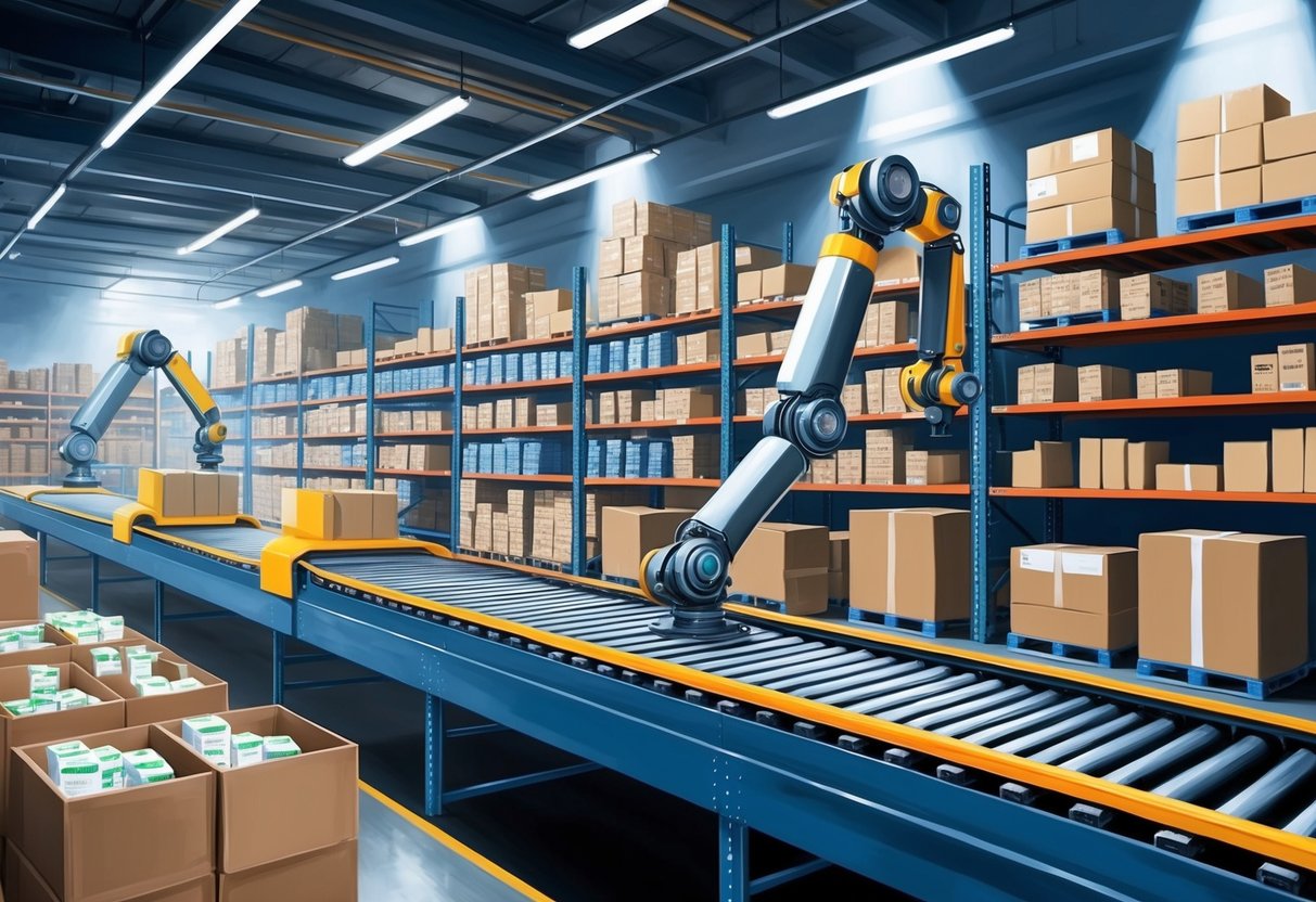 A bustling warehouse with conveyor belts, robotic arms, and shelves stocked with products ready for shipping