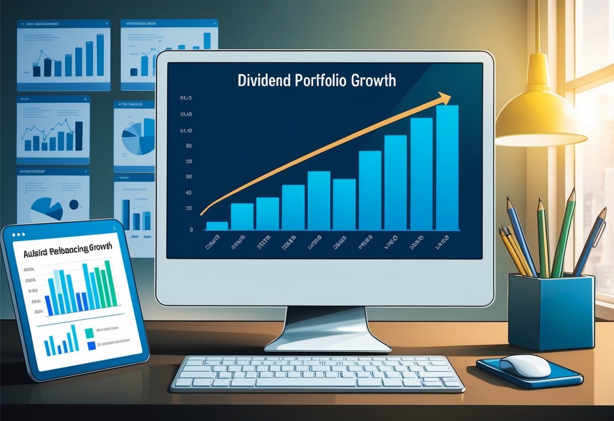 A computer screen displaying a graph of dividend portfolio growth, with automated rebalancing tools and investment charts in the background