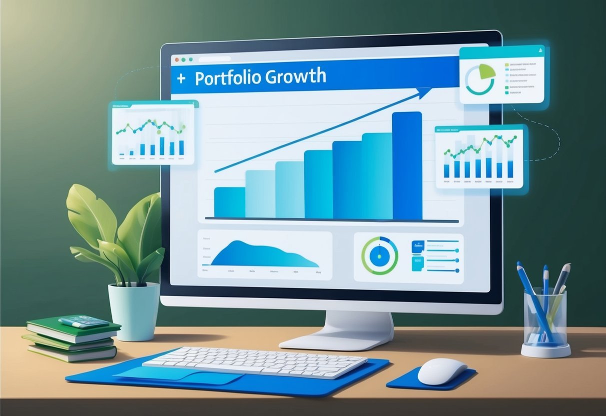 A computer screen displaying a graph of portfolio growth, with automated rebalancing tools highlighted