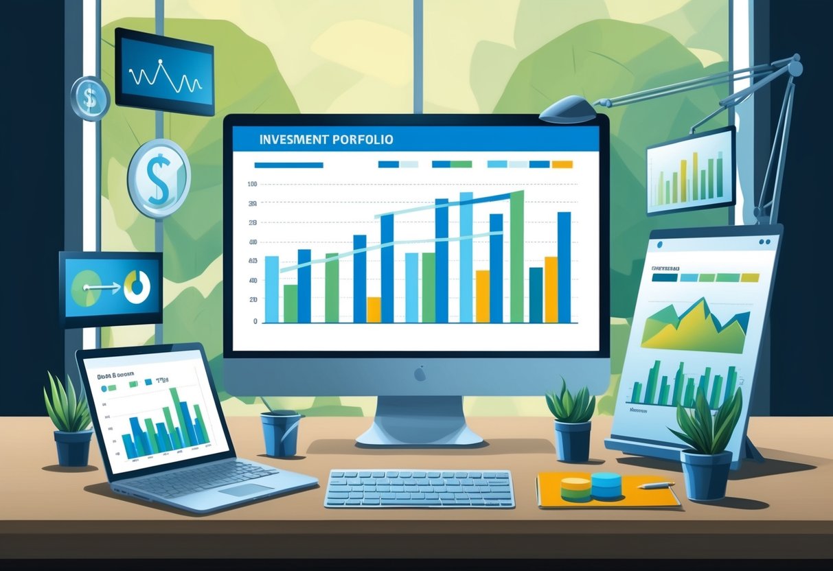 A computer screen displaying a graph of investment portfolio performance, with automated rebalancing tools and growth projections