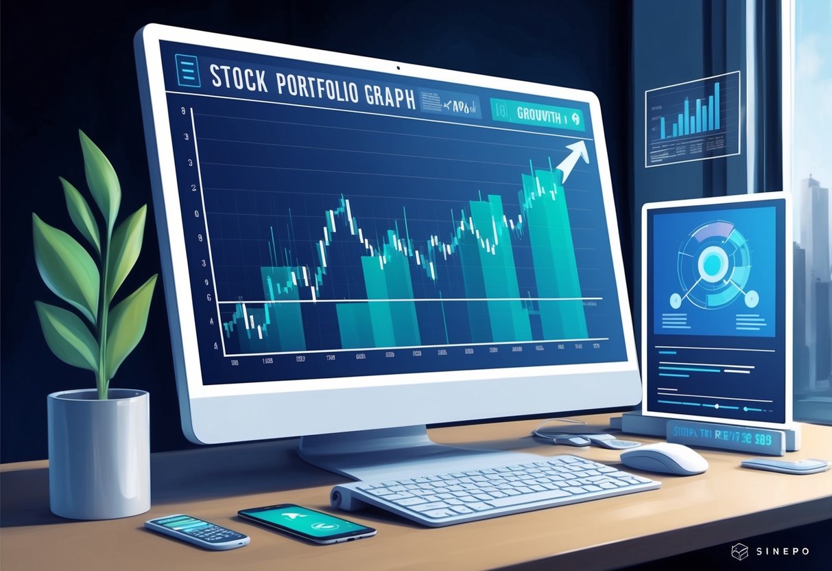 A computer screen displaying a graph of stock portfolio performance, with automated rebalancing tools and growth projections