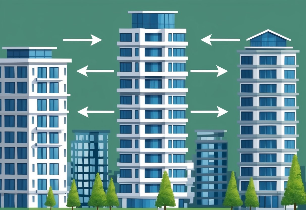 A group of buildings connected by arrows, symbolizing passive income growth through real estate syndications