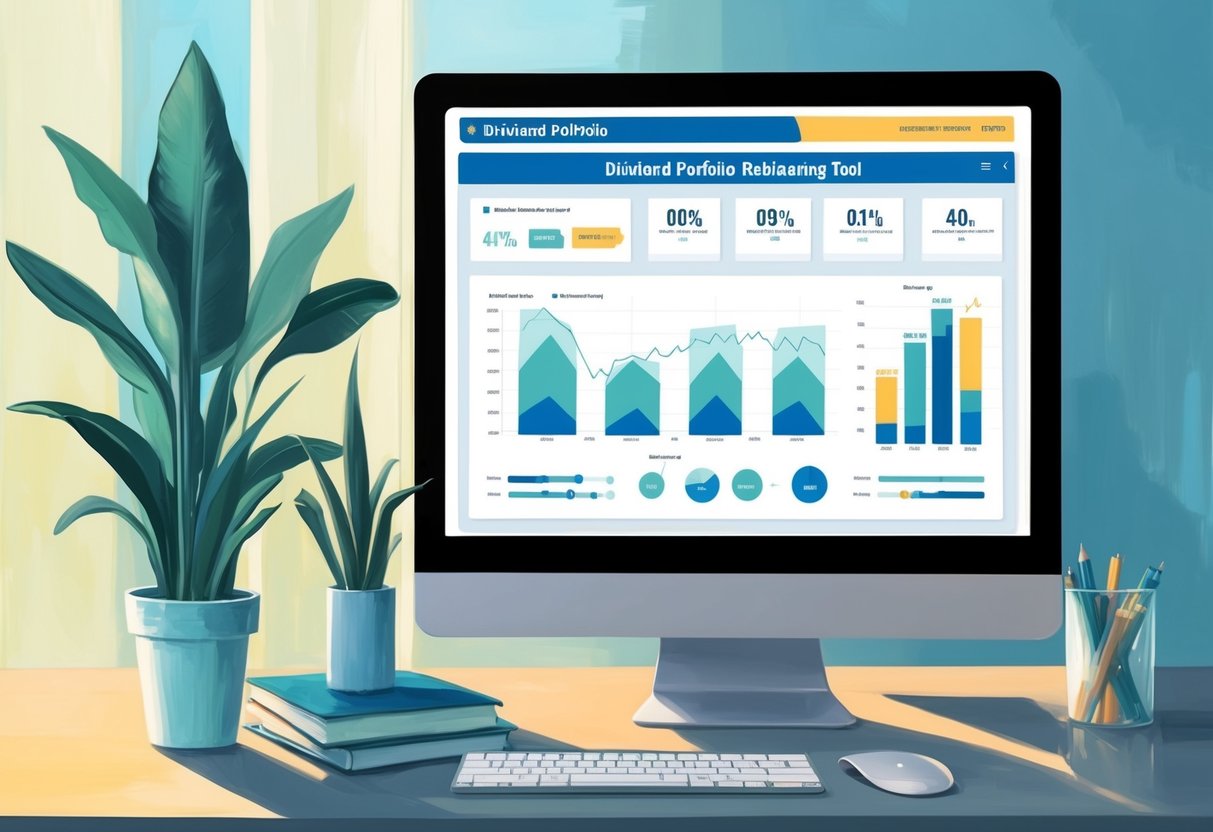 A computer screen displaying a dividend portfolio rebalancing tool, with charts and graphs showing volatility and risk exposure