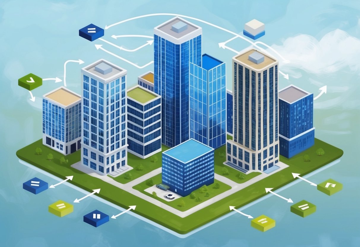 A group of buildings connected by a network of arrows, representing the flow of capital and passive income through real estate syndications