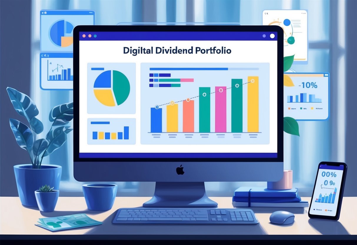A computer screen displaying a digital dividend portfolio with automated rebalancing tools. Charts and graphs show optimized cash flows for growth