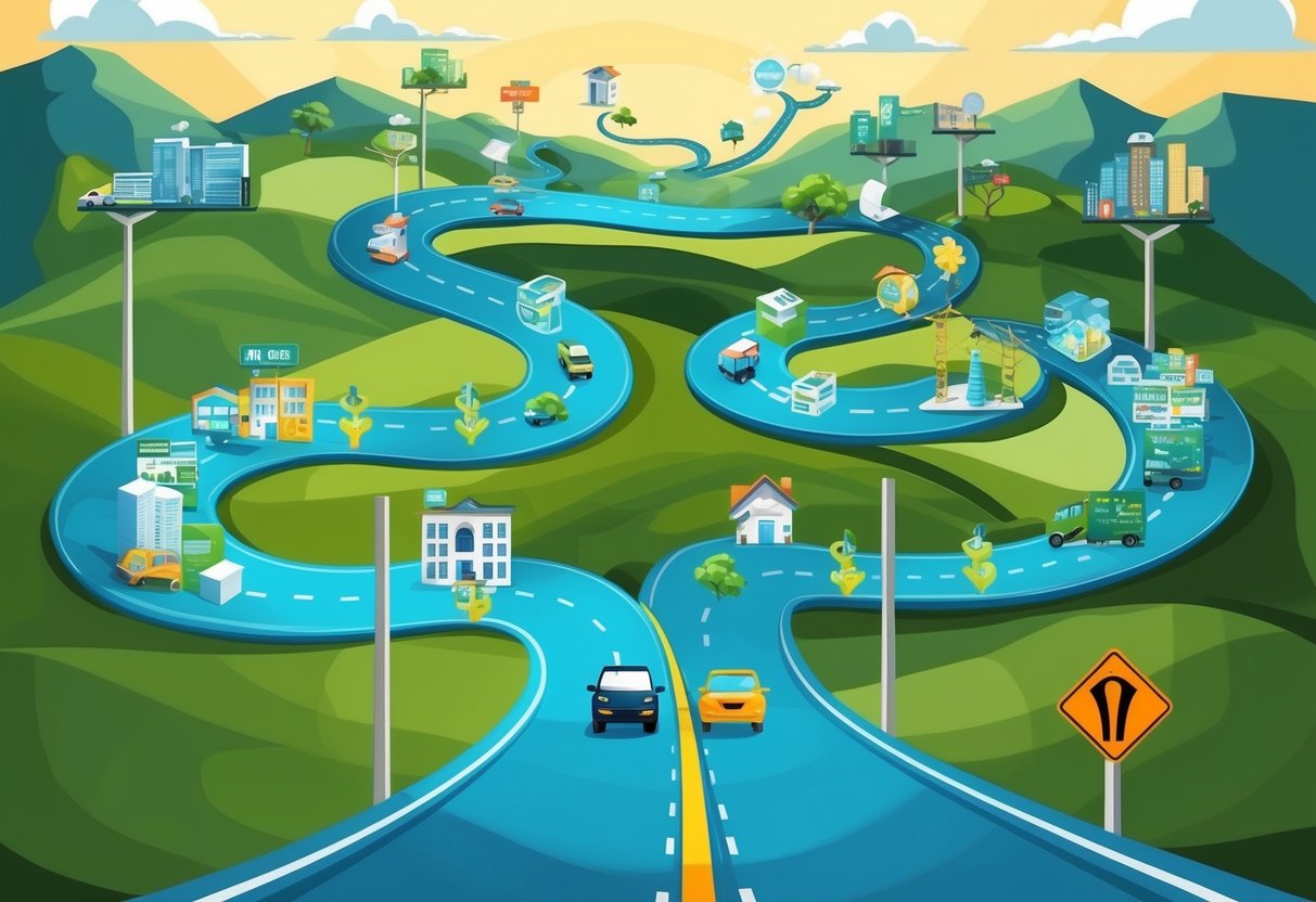 A winding road leading to multiple streams of income, with various income-generating activities branching off along the way