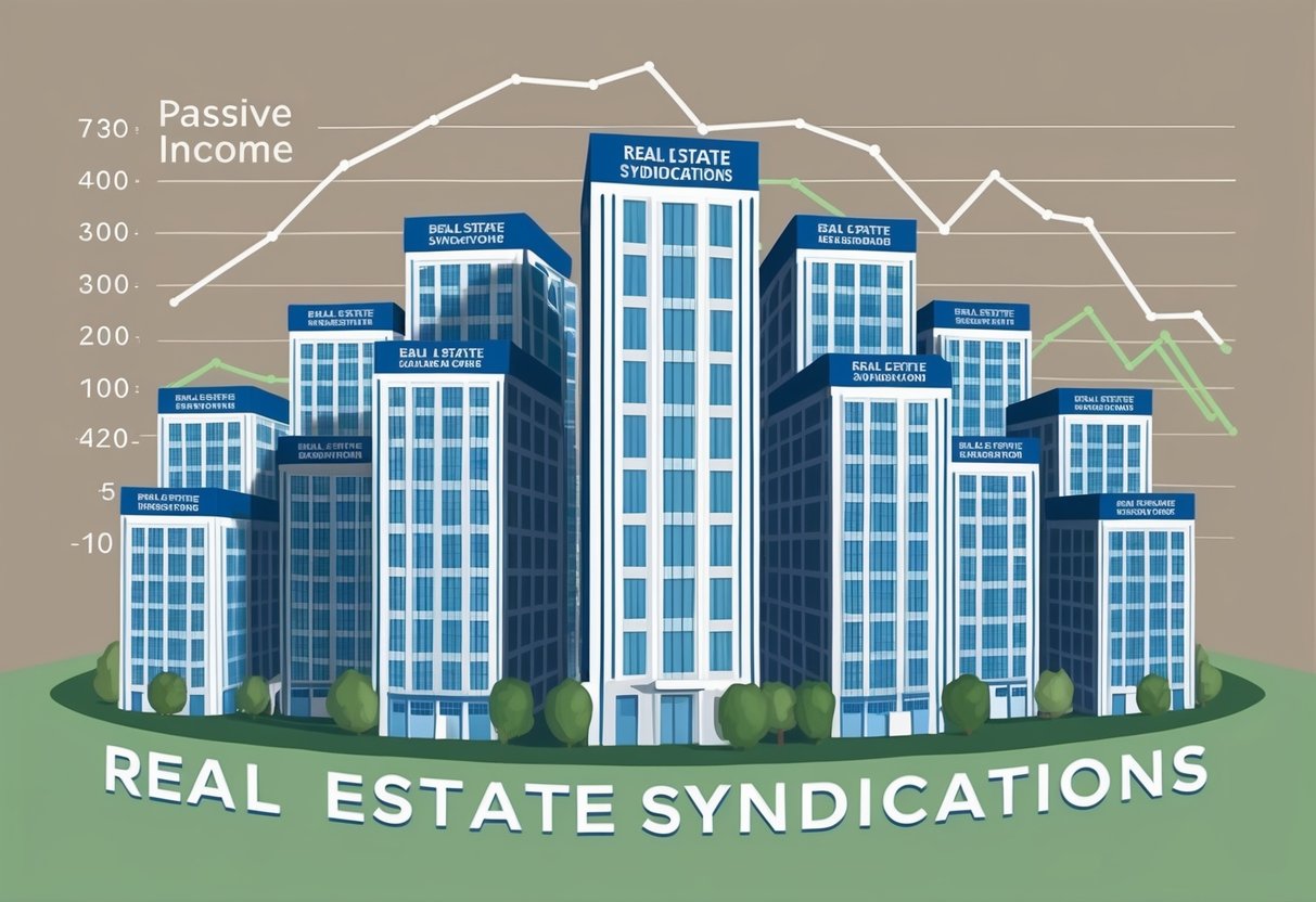 A group of buildings with "Real Estate Syndications" written on them, surrounded by a rising graph showing passive income growth