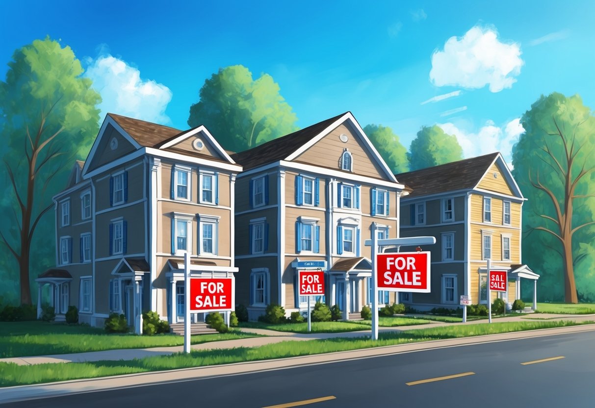 A group of buildings with "For Sale" signs, surrounded by trees and a clear blue sky, symbolizing potential passive income through real estate syndications