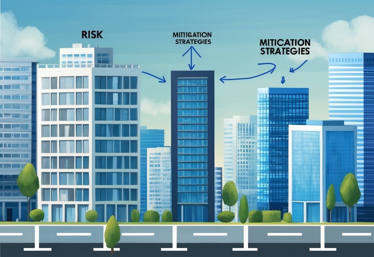 A group of buildings connected by arrows, with one building representing risk and the other showing mitigation strategies