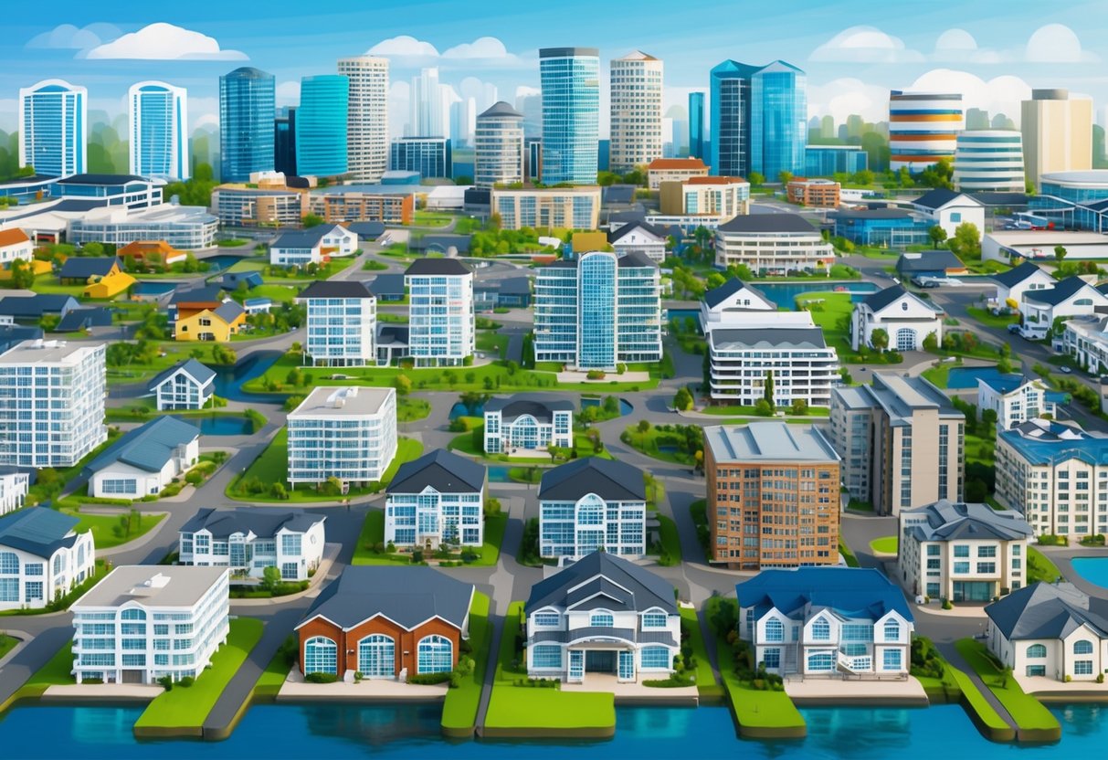 A diverse array of real estate assets, including residential, commercial, and industrial properties, are interconnected through a network of syndication, symbolizing the growth of passive income