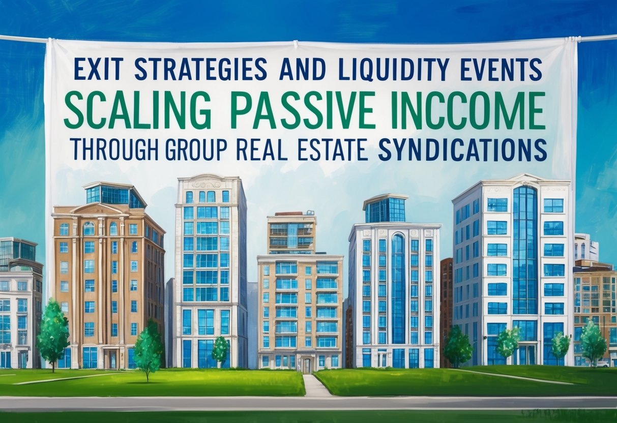 A group of buildings with "Exit Strategies and Liquidity Events Scaling Passive Income Through Group Real Estate Syndications" displayed on a large banner