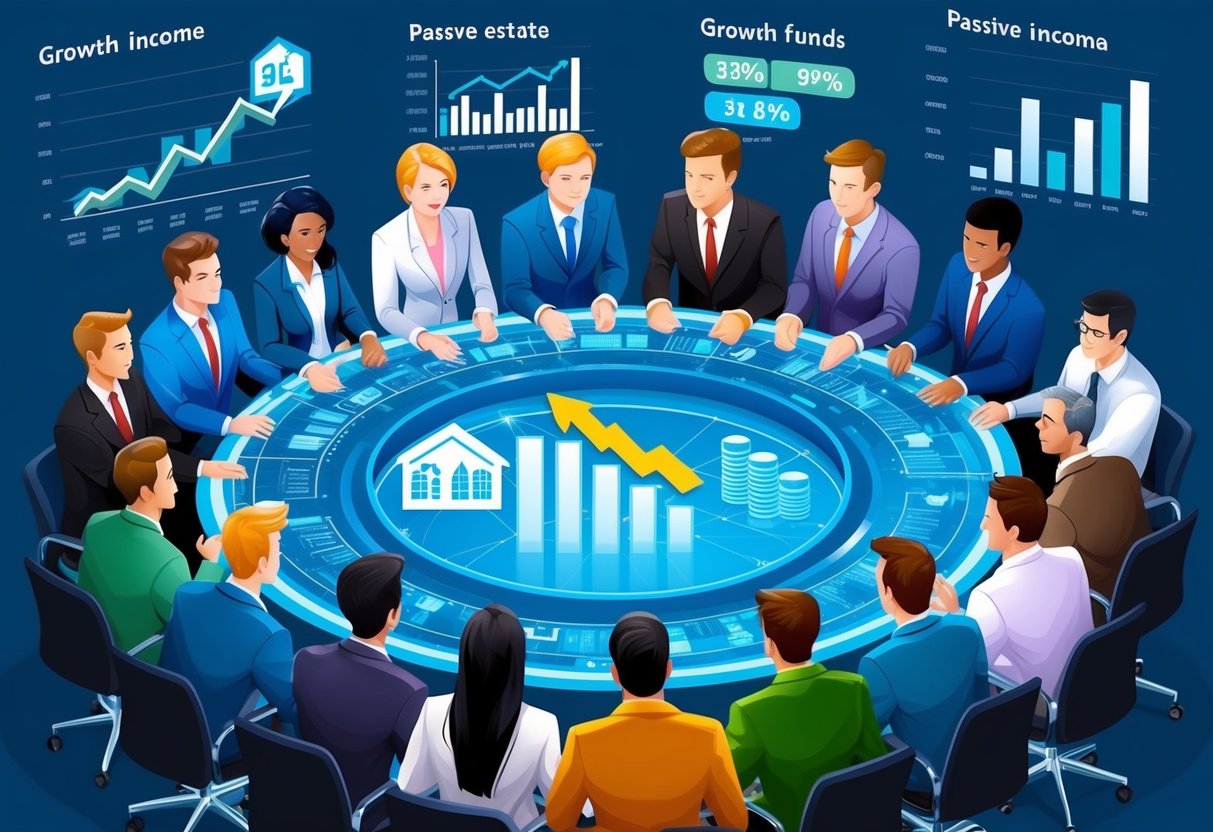 A group of diverse investors gather around a digital platform, each contributing to a pool of funds for real estate syndications. Graphs and charts display growth and passive income potential