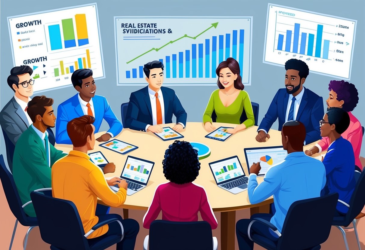 A group of diverse individuals gather around a table, discussing real estate syndications and investment goals. Charts and graphs are displayed, indicating growth and passive income potential