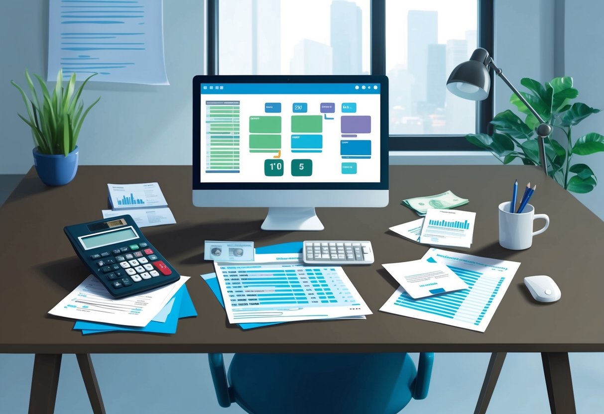 A modern office desk with a computer, calculator, and financial documents. A smartphone displaying automated bookkeeping software