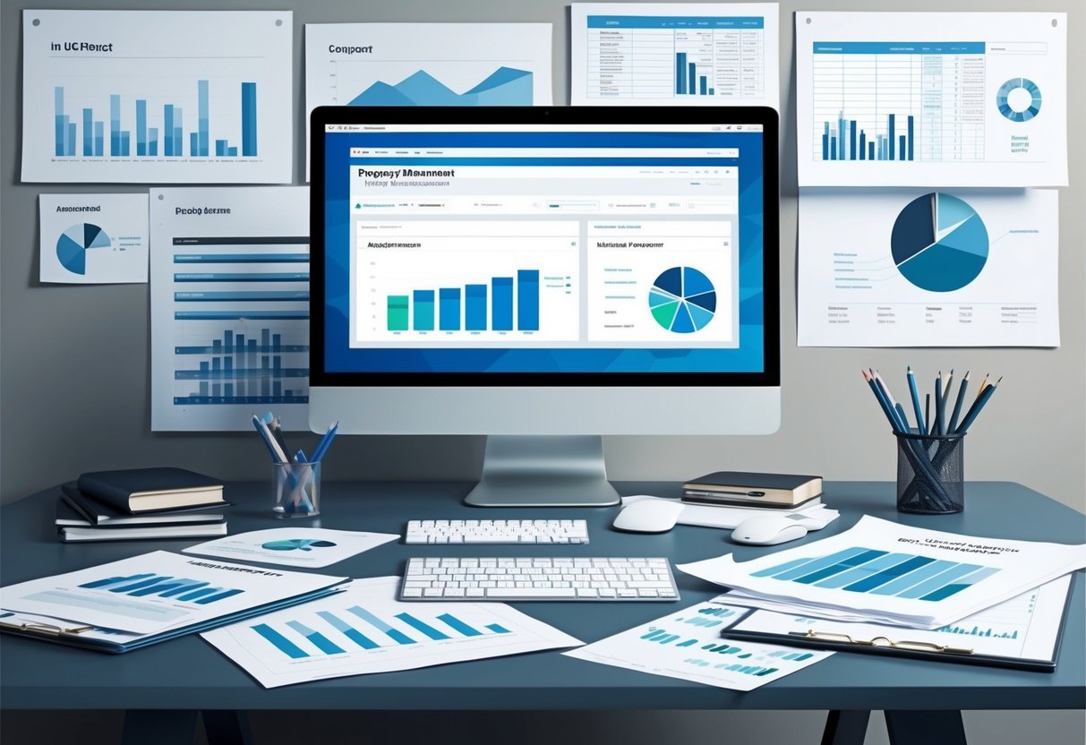 A modern office desk with a computer displaying property management software, surrounded by real estate investment documents and charts