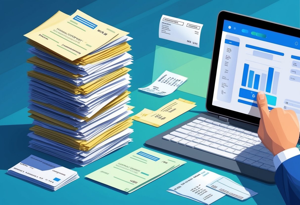 A stack of financial documents and receipts being scanned and organized by a digital bookkeeping software