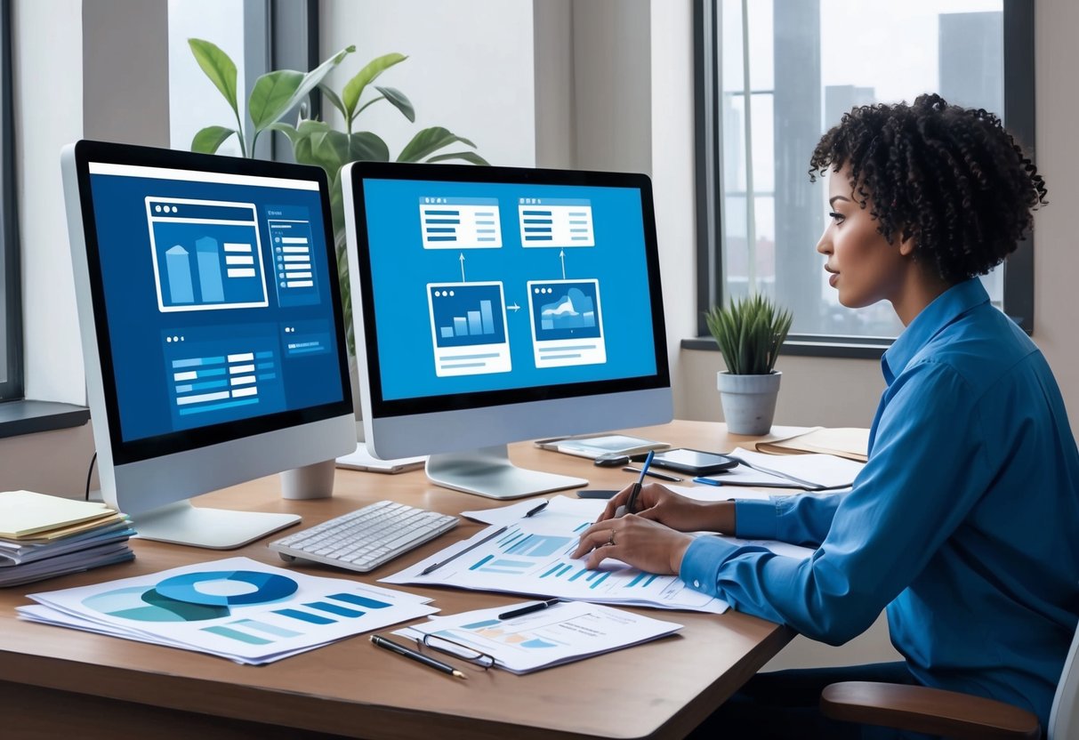 A person sitting at a desk, surrounded by computer monitors and paperwork, carefully comparing different property management software options