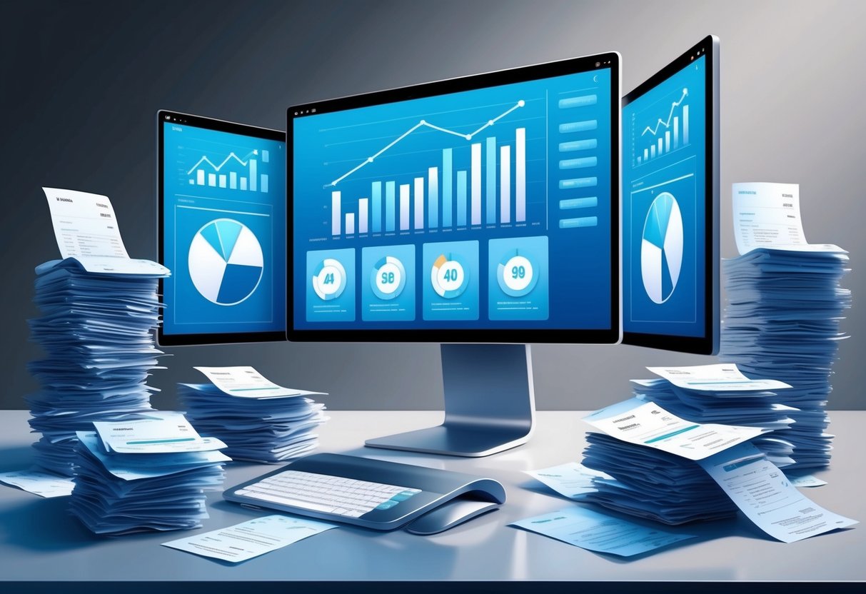 A sleek, modern computer with multiple screens displaying financial charts and graphs, surrounded by stacks of receipts and invoices