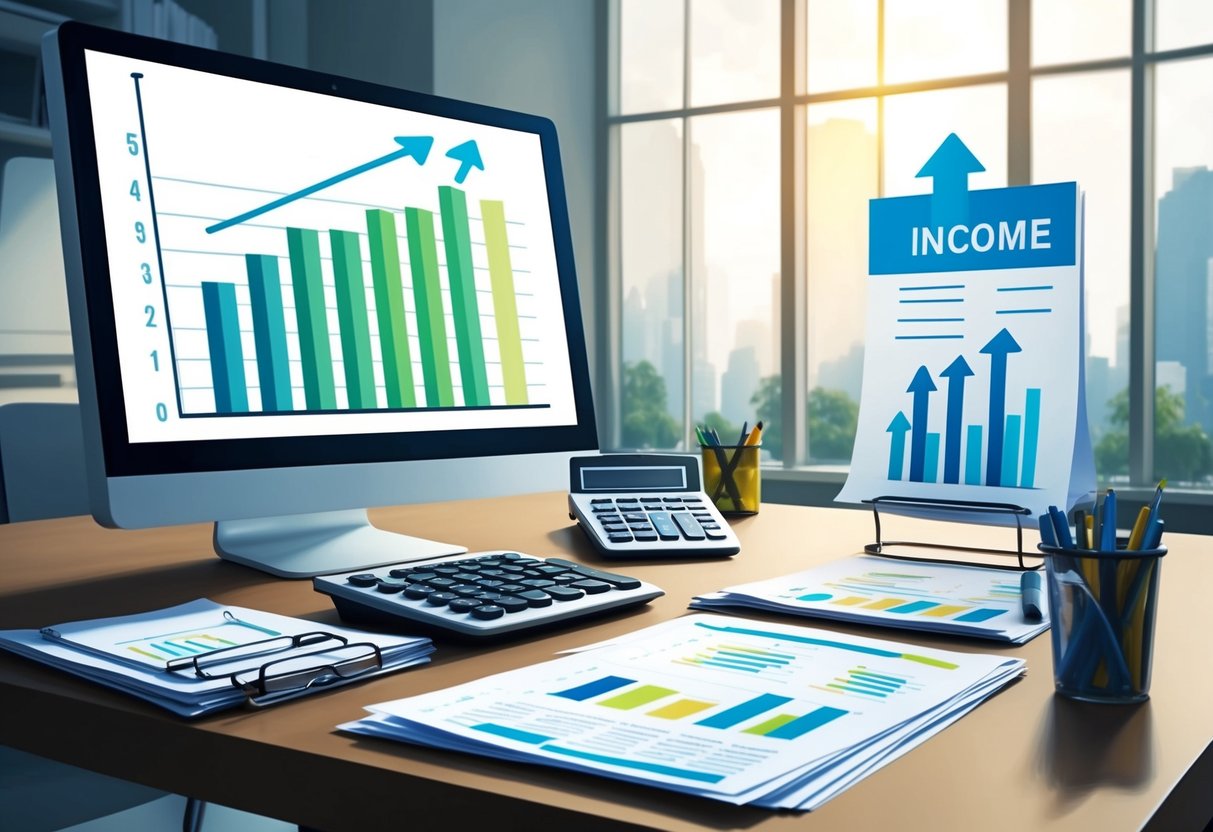A modern office desk with a computer, calculator, and financial documents. A graph showing income growth and arrows pointing upwards