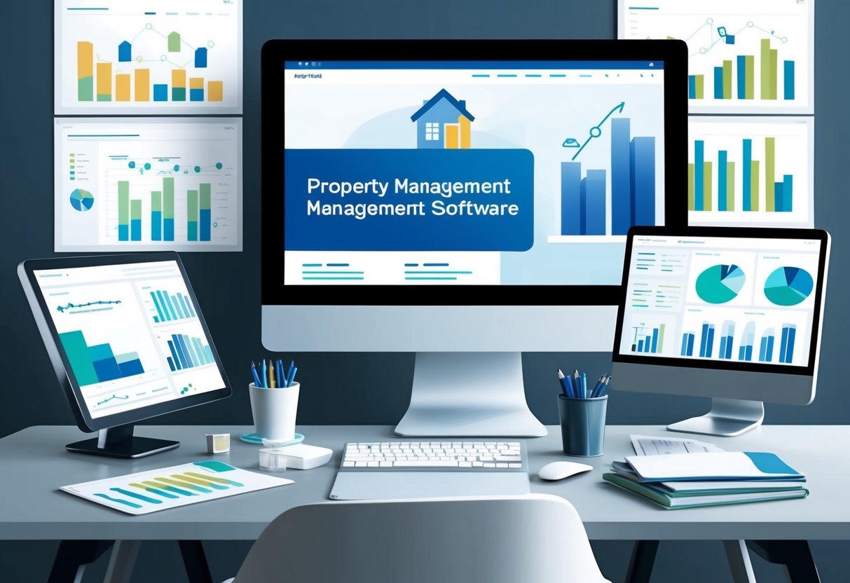 A modern office desk with a computer screen displaying property management software, surrounded by real estate investment charts and graphs
