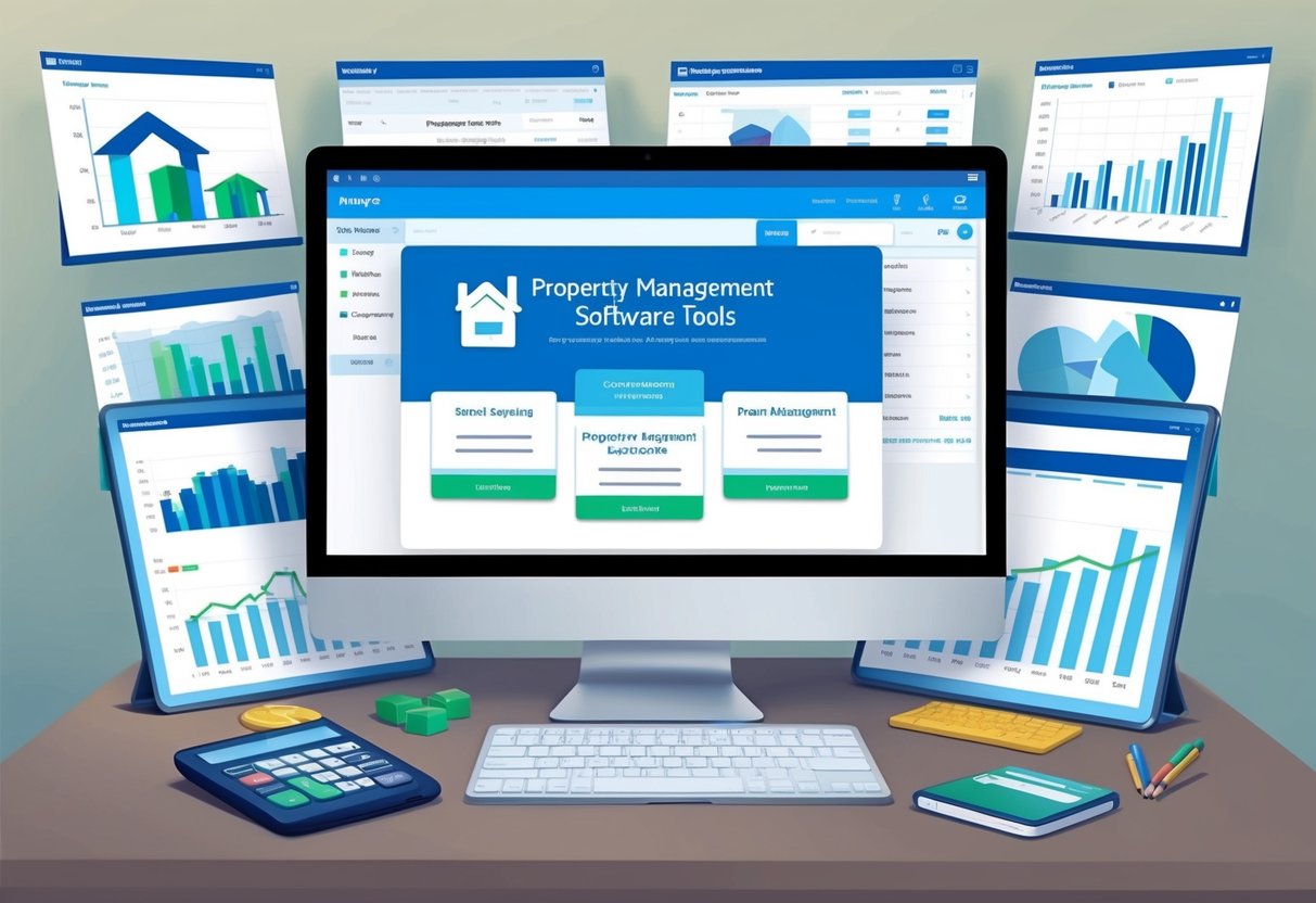 A computer screen displaying property management software with tenant screening and management tools, surrounded by real estate investment charts and graphs