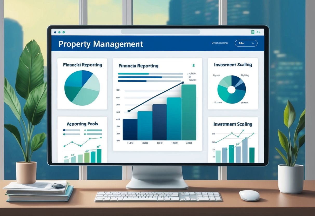 A computer screen displaying property management software with financial reporting and investment scaling features