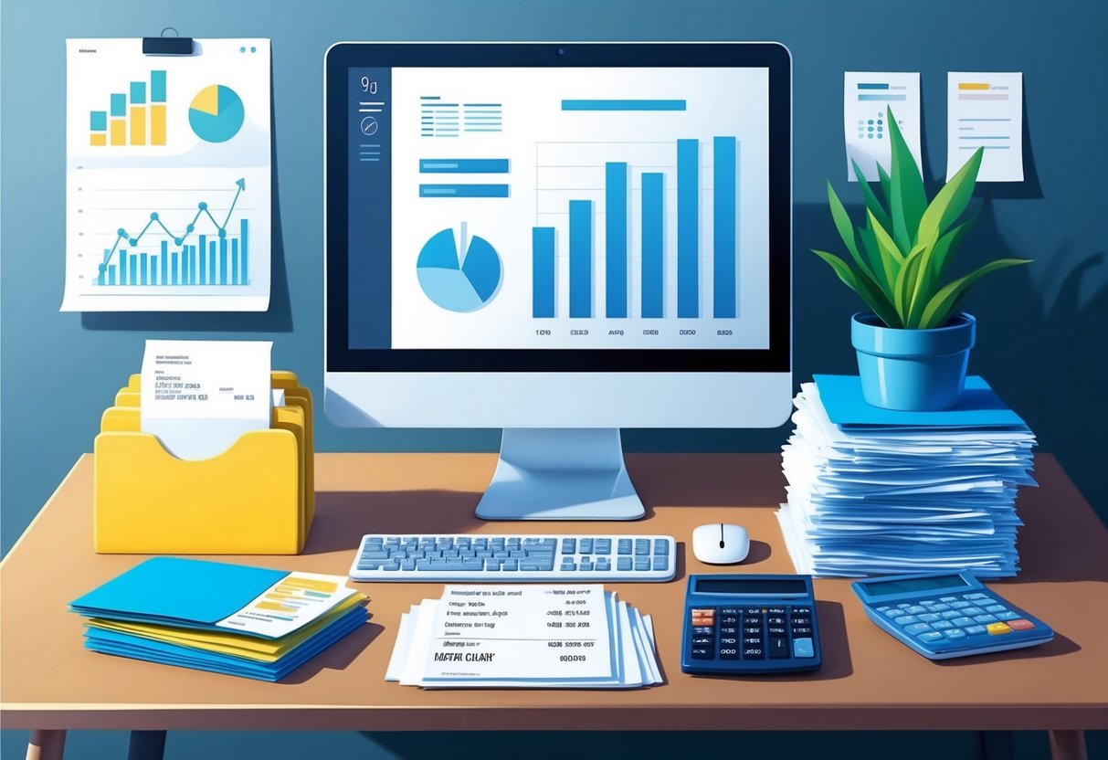 A desk with a computer, calculator, and files. A stack of receipts and invoices, and a chart showing financial data
