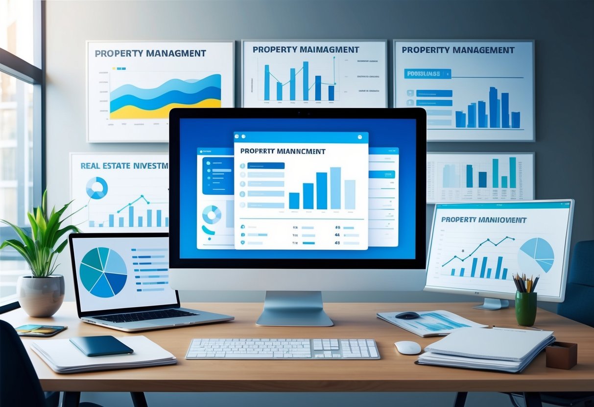 A modern office space with a computer screen showing property management software, surrounded by real estate investment charts and graphs